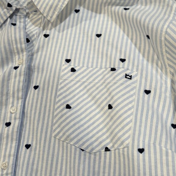 Crown & Ivy Size 2X Blue Embroidered Button Down Womens Striped Heart Shirt - Picture 5 of 9